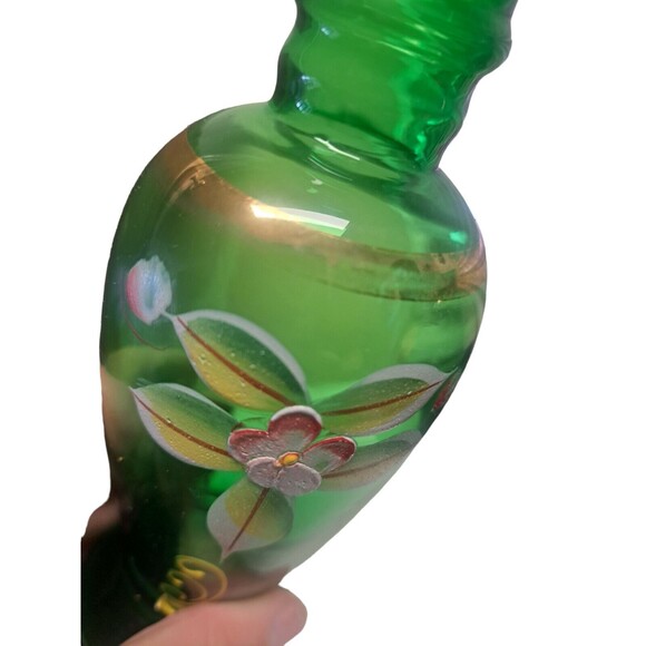 Vintage Bohemian Green Glass Bud Vase Handpainted Floral Design Japan - Picture 6 of 12